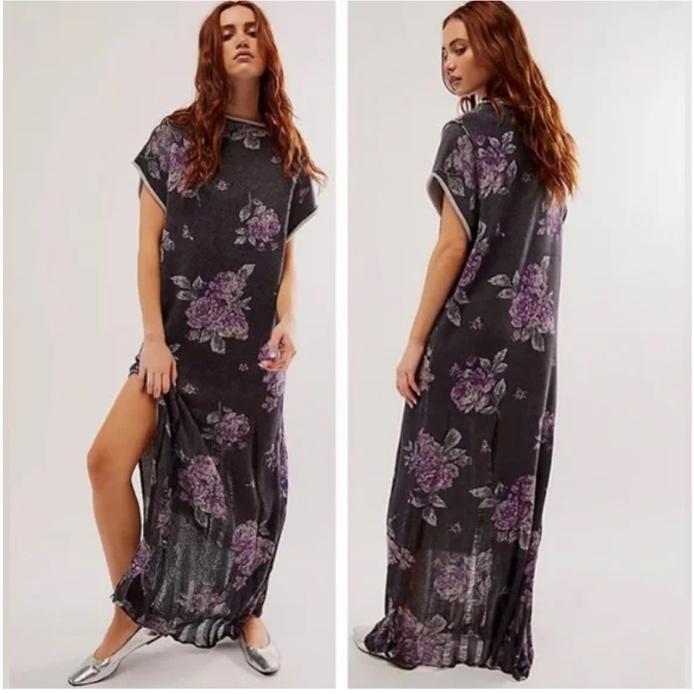 Free People Oversized Midnight Floral Knitwear Elaine Maxi Shirt Dress